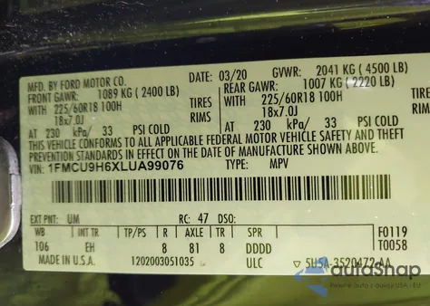 2020 Ford Escape Sel z USA, uszkodzony, nr VIN 1FMCU9H6XLUA99076